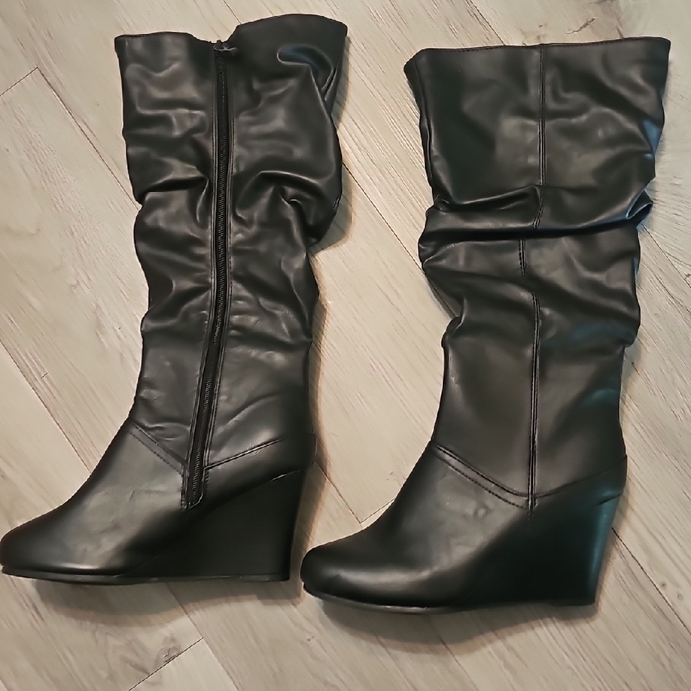 Black Wedge Knee-High Boots
